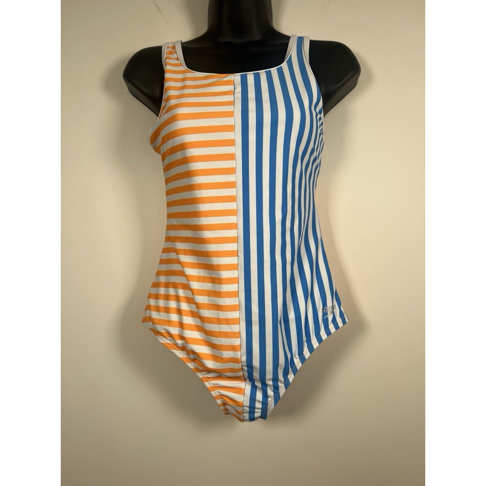 Speedo Girls Blue And Orange Stripe Blocked One Piece Swimsuit Sz 16